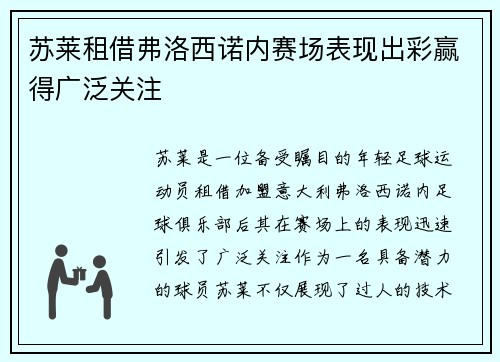 苏莱租借弗洛西诺内赛场表现出彩赢得广泛关注