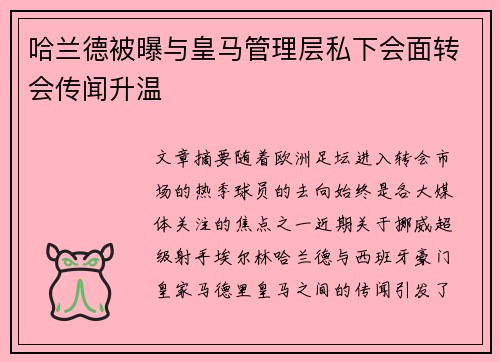 哈兰德被曝与皇马管理层私下会面转会传闻升温