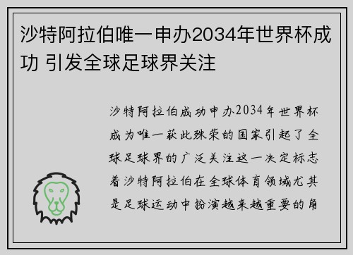 沙特阿拉伯唯一申办2034年世界杯成功 引发全球足球界关注
